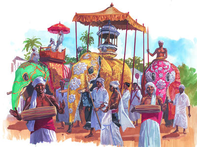 In Sri Lanka a great procession is held every year to honour a holy relic, the Sacred Tooth of the Buddha; it is carried on the back of an elephant.
