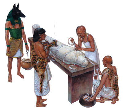 While the body was being wrapped in bandages, a priest dressed as the jackal god Anubis, god of the dead, said prayers.