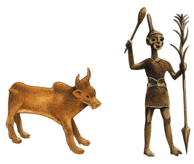 Two of the gods worshiped by the Canaanites: Baal on the right, and a bronze bull on the left.