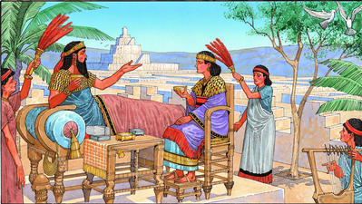The Babylonian king, Nebuchadnezzar, attended by his queen and servants. They are sitting in the beautiful Hanging Gardens of Babylon, part of his massive rebuilding program.