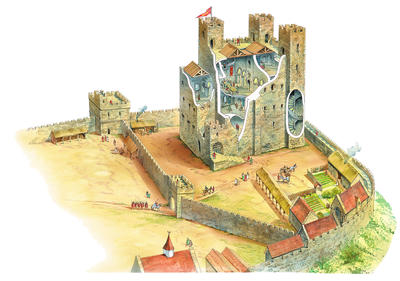 A cross section of Rochester Castle, England, with its strong outer wall surrounding the main castle, or keep