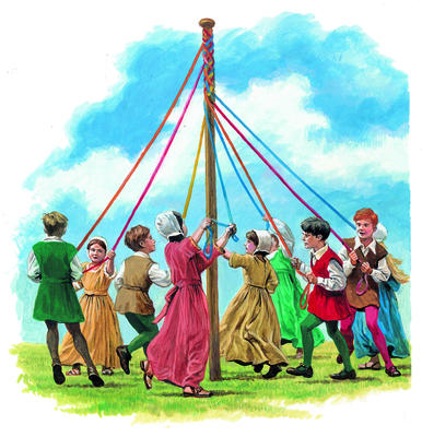English children in medieval costume weave their streamers round the maypole as they dance.